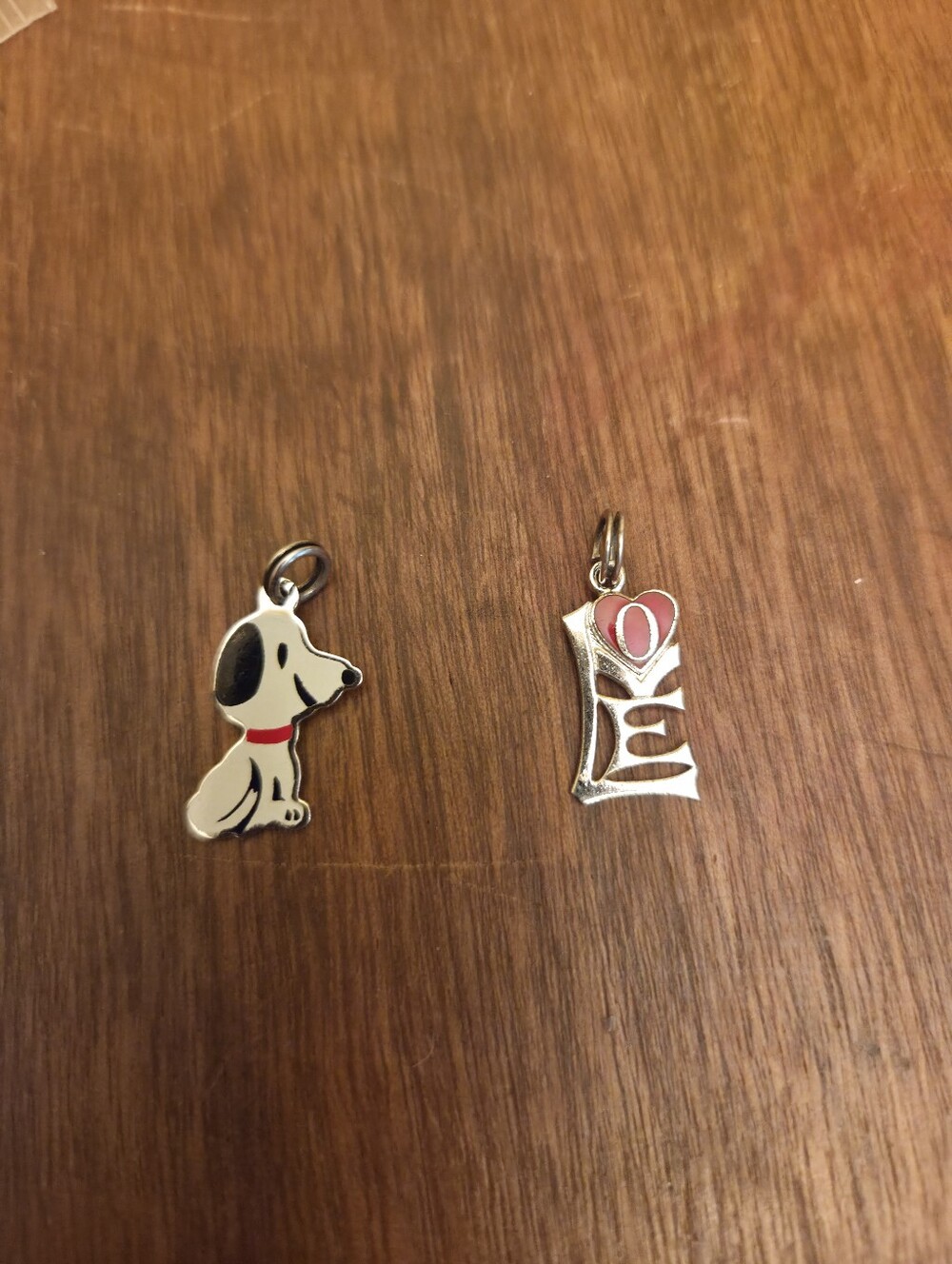 Silver And Enamel, Snoopy Charm/Pendant with Red Collar And Love W Heart Charm
